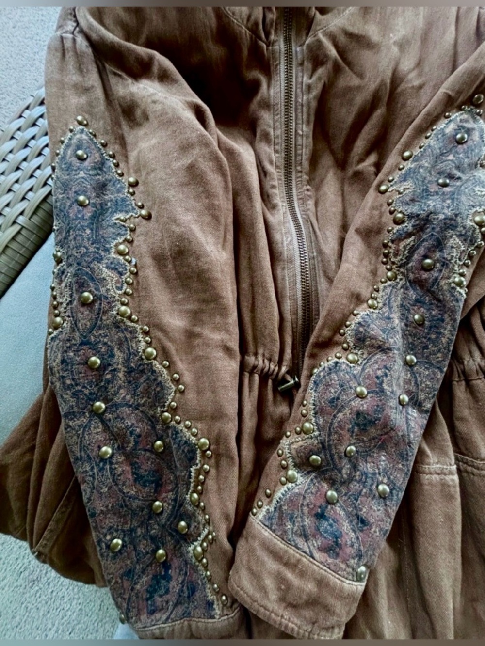 Free People Brown Utility Jacket with Studded Embroidered Sleeves✨